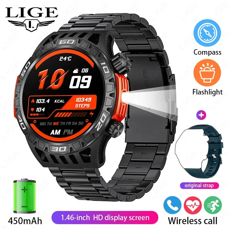 Noxwear - LIGE GPS Smart Watch Men LED Flashlight Compass Waterproof Bluetooth Call Health Watches Voice Assistant Military Smartwatch Men