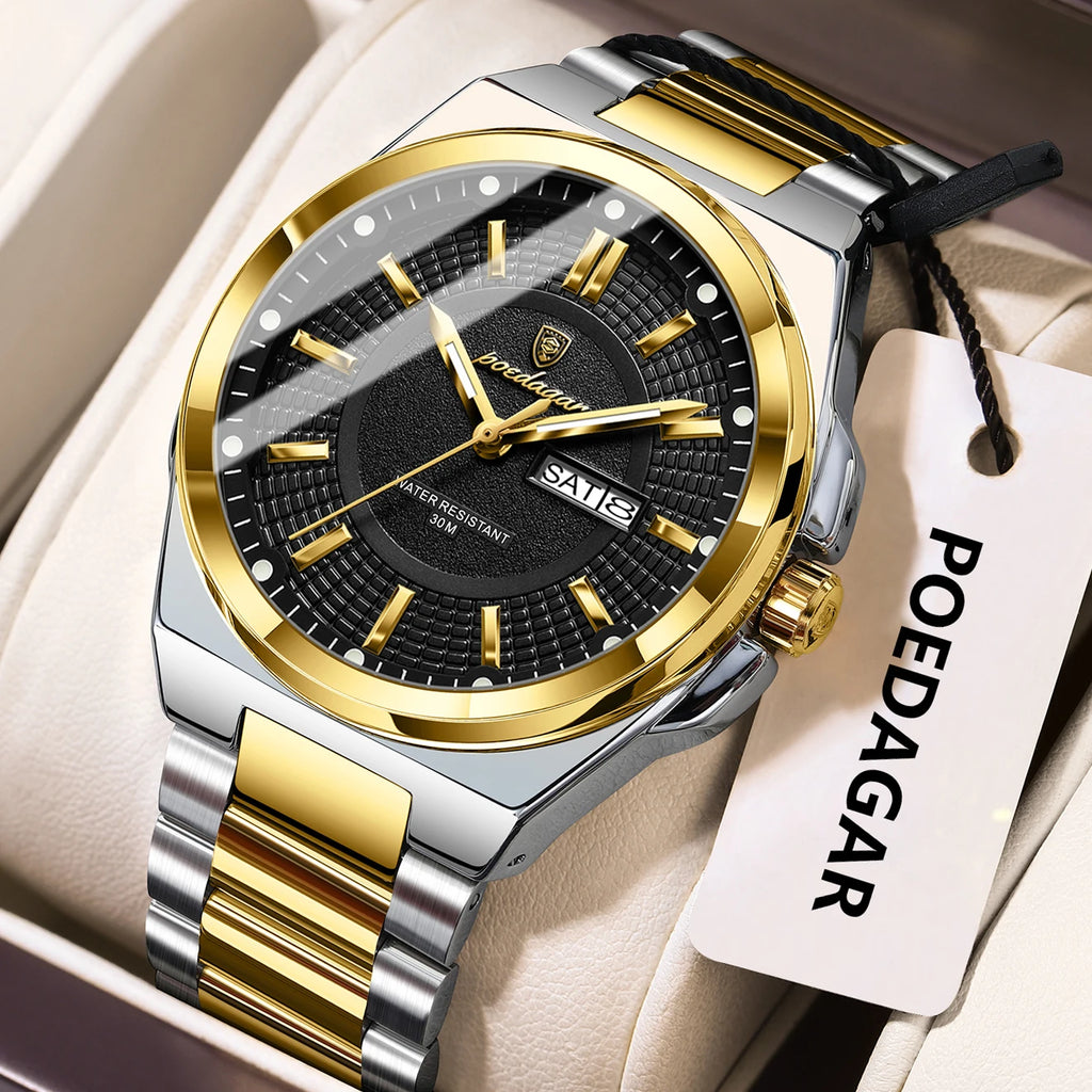 Noxwear - POEDAGAR Sport Original Men Clock Quartz Date Week Luxury Man Wristwatch Waterproof Luminous Stainless Steel Men's Watches Reloj