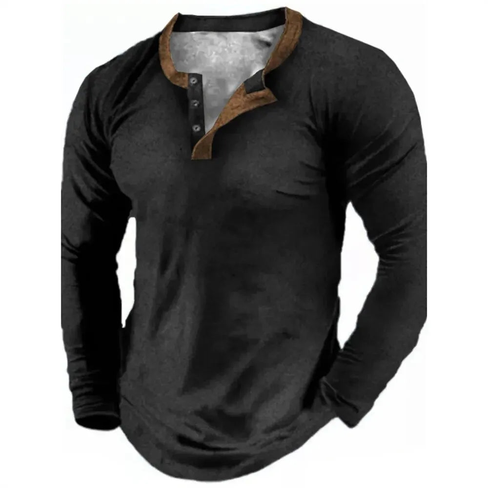 Noxwear - Spring Autumn Solid Color Henley Shirts 3D Printed Men's Fashion Vintage Button-Down Long Sleeve T Shirt Man Tees Tops Clothing