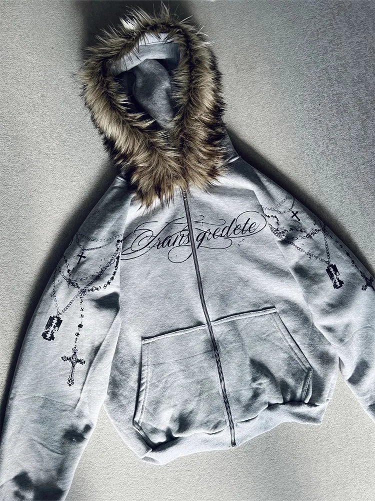 Noxwear - Gothic Punk Faux Fur Hooded Jacket