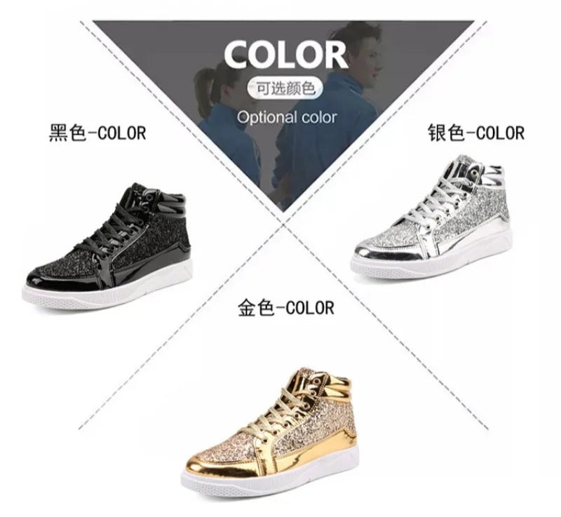 Noxwear - Men's Boots Nightclubs Fashiona Sequins With Diamonds Gold Leather Boots Trendy High Top Sports Casual Shoes Large Size 38-48