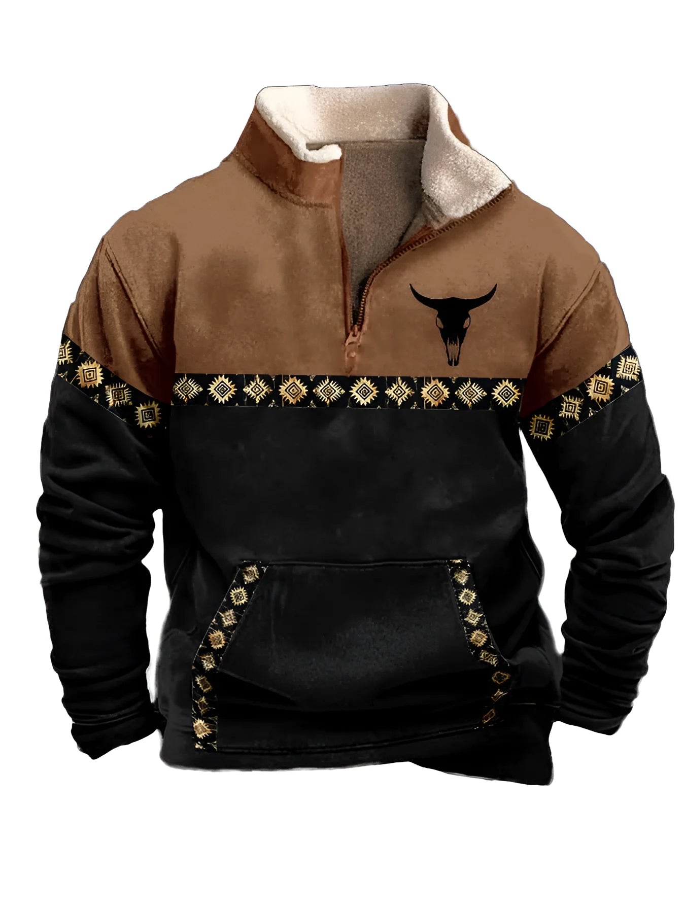 Noxwear - Men'S Vintage Western Hoodie with Aztec Cowboy Design - Beige & Gray Zip-Up Pullover with Pockets, Casual Long Sleeve Outdoor We