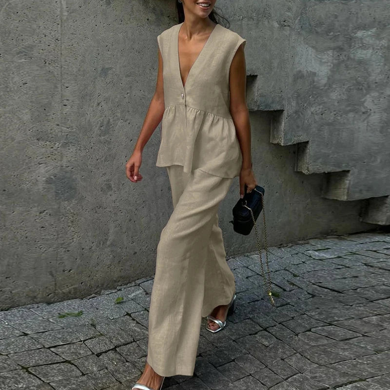 Noxwear Ladies Casual V Neck Sleeveless Top with Pants 2pc Sets Summer High Street Pocket Loose Outfit Elegant Button Solid Color Suit