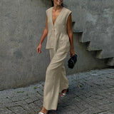 Noxwear Ladies Casual V Neck Sleeveless Top with Pants 2pc Sets Summer High Street Pocket Loose Outfit Elegant Button Solid Color Suit