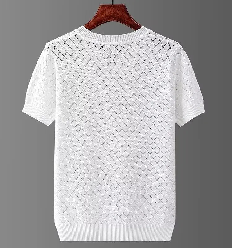 Noxwear - Men's Ice Silk Hollow V-neck T-shirt Top Summer Cool Thin Style Chicken Heart Short Sleeves Knitted Top