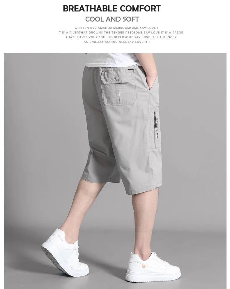 Noxwear - Mens Cargo Shorts Knee Pants Zipper Pocket Summer Cotton Shorts Climbing Jogger Elastic Waist Sports Wear