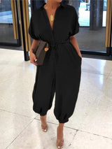 Noxwear Summer Fashion V-Neck Button Lace-Up Jumpsuit Short Sleeve Loose Playsuit Overalls Women Elegant Leopard Print Pocket Rompers