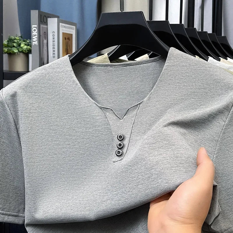 Noxwear - 2025 New Men's Business Casual Three Button V-neck Short Sleeved T-shirt Korean Style Summer Comfortable Versatile Top