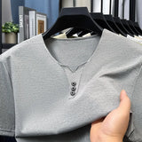 Noxwear - 2025 New Men's Business Casual Three Button V-neck Short Sleeved T-shirt Korean Style Summer Comfortable Versatile Top