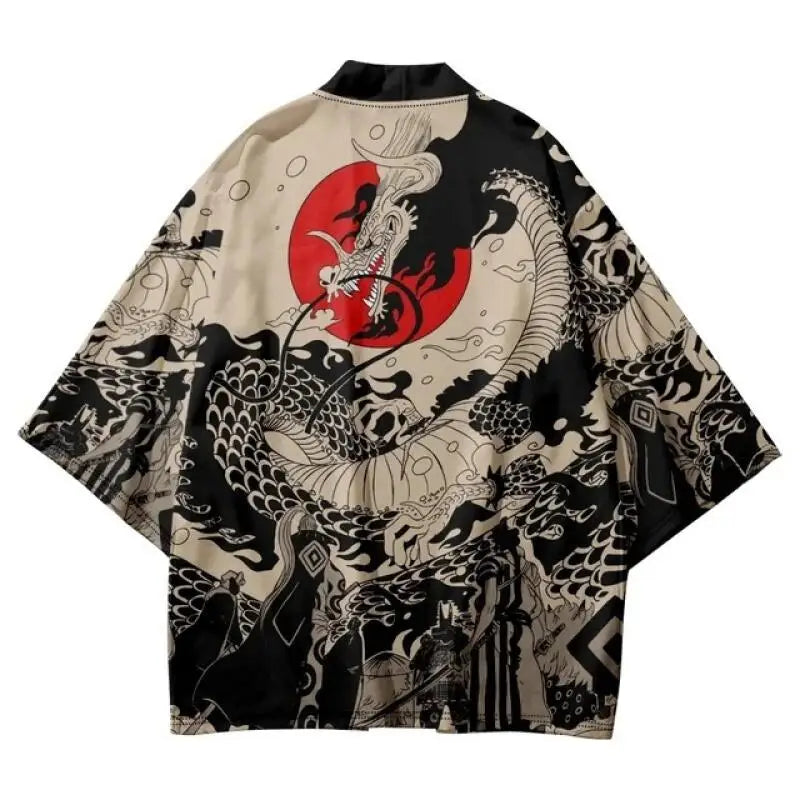 Noxwear-Summer Japanese Style Anime Dragon Print Cosplay Haori Yukata Top Adult Traditional Samurai Loose Kimono Cardigan for Men Women