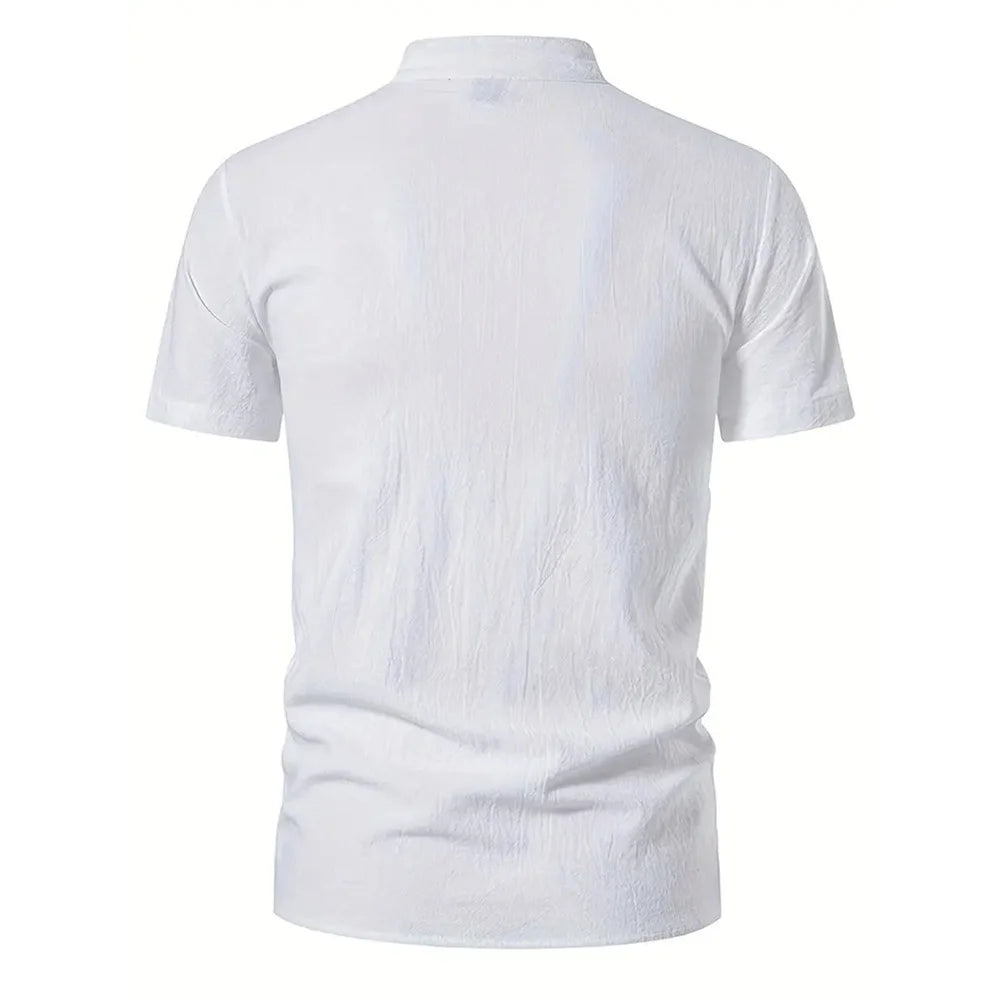 Noxwear - Men's Retro Shirt Short Sleeve Cotton Linen Lightweight Breathable Solid Color Fashion Tops Pirate V-neck Male Stylish Shirs