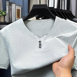 Noxwear - 2025 New Men's Business Casual Three Button V-neck Short Sleeved T-shirt Korean Style Summer Comfortable Versatile Top