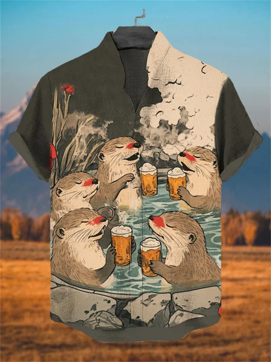Noxwear - Men's linen short sleeved shirt, loose top, animal print, fashionable trend, outdoor street, casual and comfortable