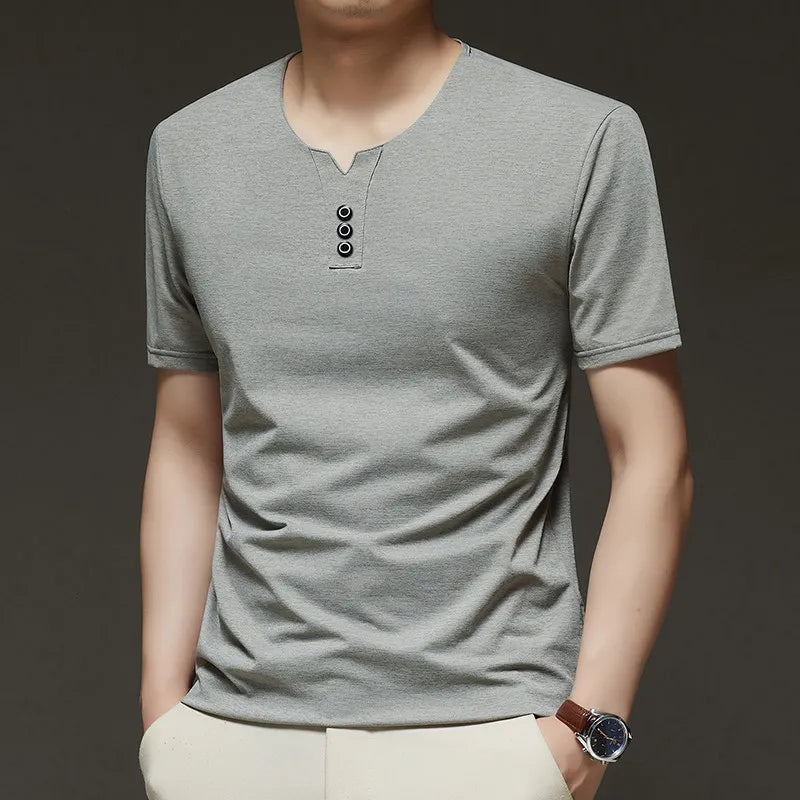 Noxwear - 2025 New Men's Business Casual Three Button V-neck Short Sleeved T-shirt Korean Style Summer Comfortable Versatile Top