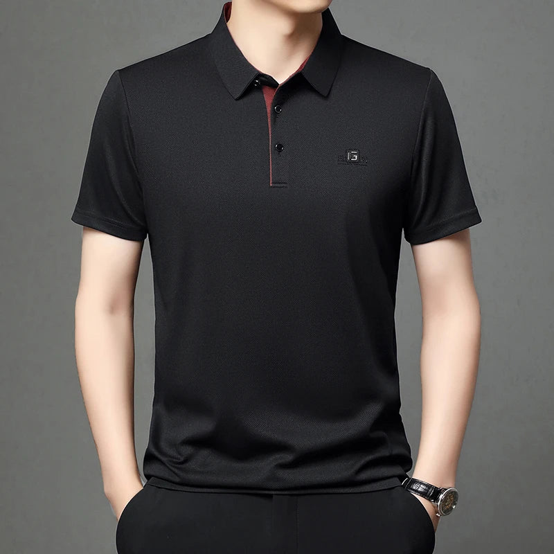 Noxwear - New Men's Business Casual Short Sleeved Shirt with Badge Solid Color Polo Shirt Fashionable Breathable Comfortable Versatile Top