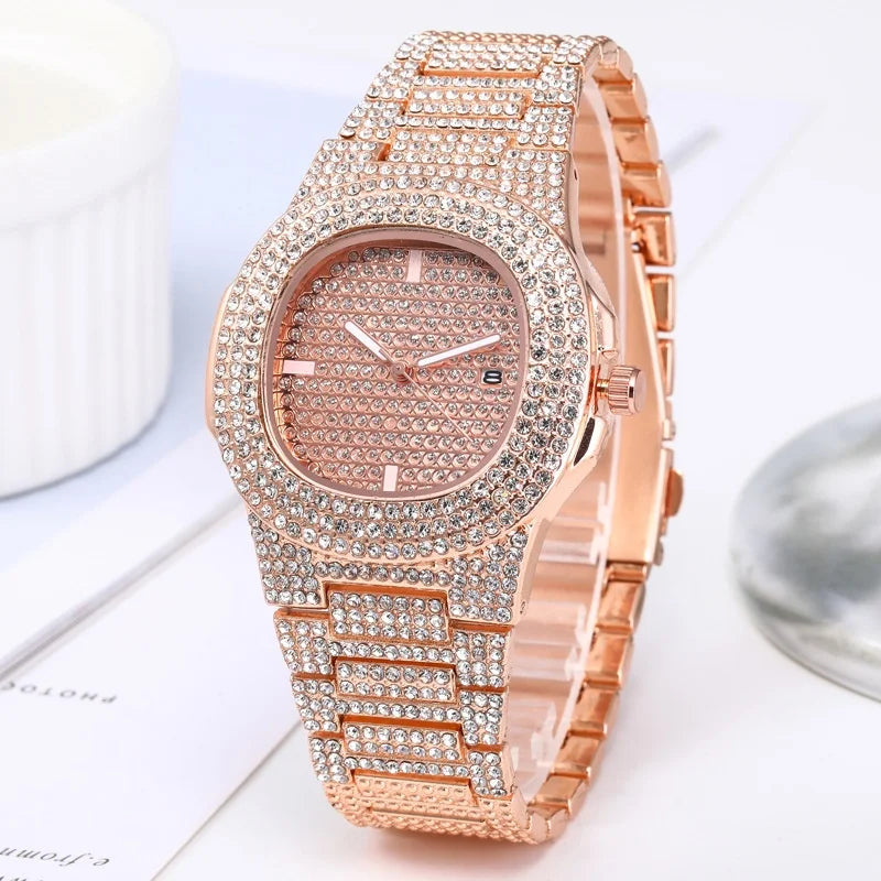 Noxwear - Luxury Full Diamond Men's Stainless Steel Watches Male Sports Quartz Wristwatch with Calendar