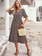 Noxwear Msfilia Fashion V Neck Elegant Printed Dress Women Summer Short Sleeve High Waist A Line Floral Holiday Dresses