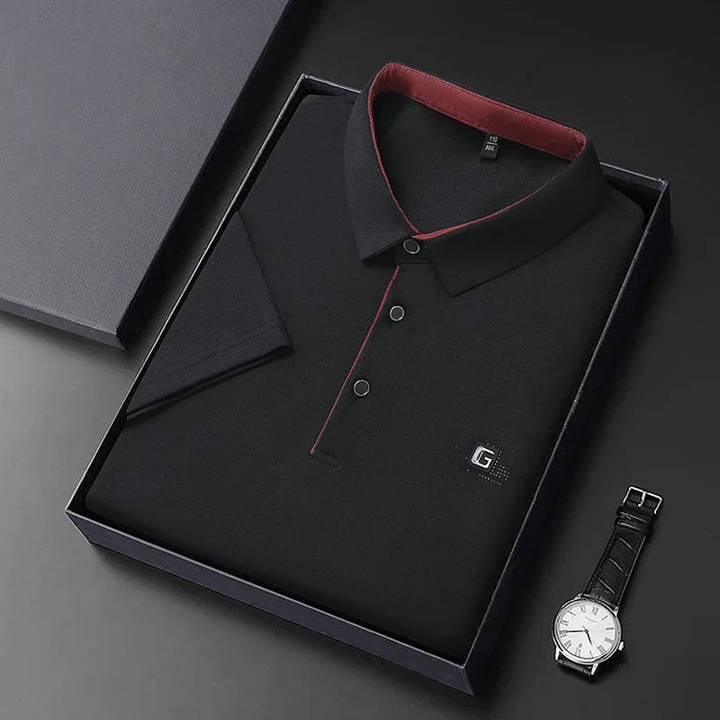 Noxwear - New Men's Business Casual Short Sleeved Shirt with Badge Solid Color Polo Shirt Fashionable Breathable Comfortable Versatile Top
