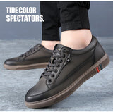 Noxwear - New Shoes for Men Genuine Leather Casual Shoes Spring Autumn Cool Black Flat Skateboard Shoes Youth Fashion Slip-on Sneakers
