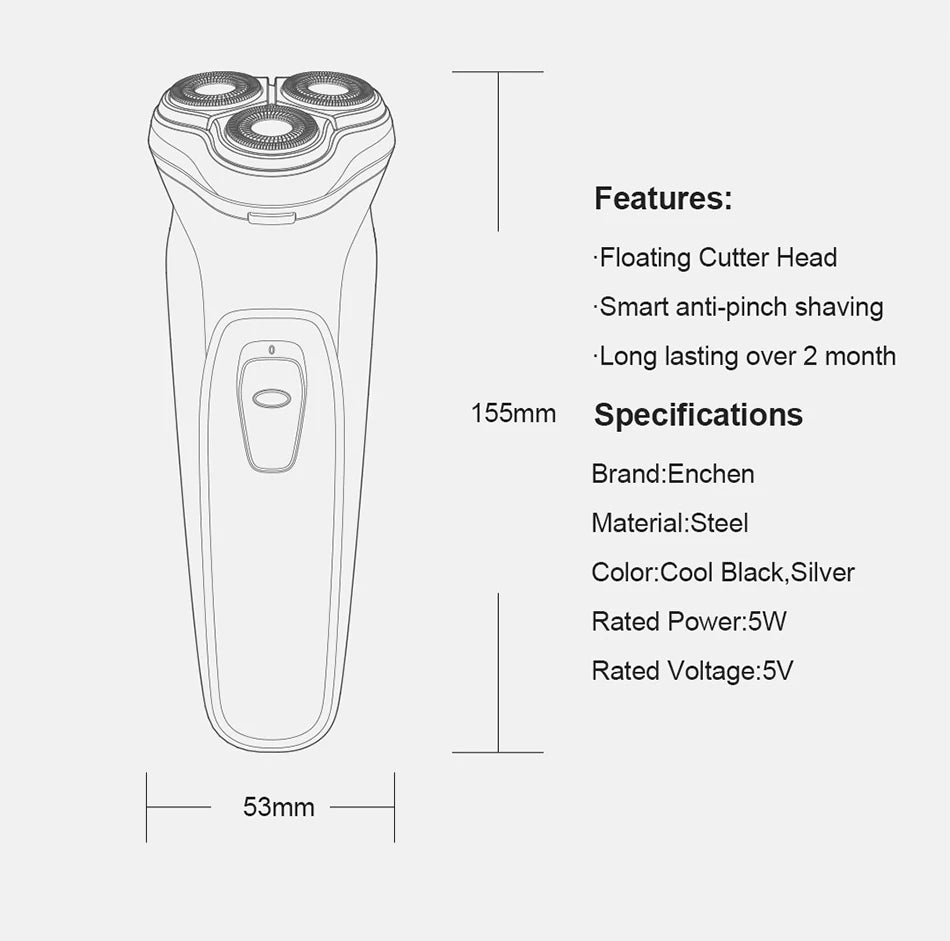 Noxwear - ENCHEN Blackstone Electrical Rotary Shaver for Men 3D Floating Blade Washable Type-C USB Rechargeable Shaving Beard Machine