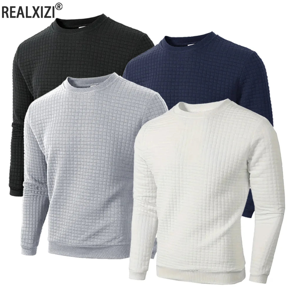 Noxwear - Autumn Men's Crew Neck Pullover Solid Color Casual Jacquard Check Sweatshirt Long Sleeve Warm Slim Sweaters Knitted Streetwear