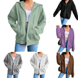 Noxwear - Autumn Fleece Hoodie Solid Color Hooded Korean Fashion Sweatshirts Long Sleeve Top Drawstring Pockets Loose Zipper Black Hoodies