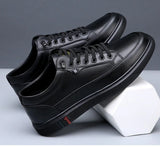 Noxwear - New Shoes for Men Genuine Leather Casual Shoes Spring Autumn Cool Black Flat Skateboard Shoes Youth Fashion Slip-on Sneakers