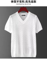 Noxwear - Men's Ice Silk Hollow V-neck T-shirt Top Summer Cool Thin Style Chicken Heart Short Sleeves Knitted Top