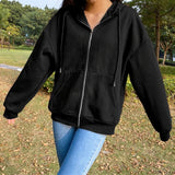 Noxwear - Autumn Fleece Hoodie Solid Color Hooded Korean Fashion Sweatshirts Long Sleeve Top Drawstring Pockets Loose Zipper Black Hoodies