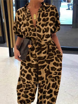 Noxwear Summer Fashion V-Neck Button Lace-Up Jumpsuit Short Sleeve Loose Playsuit Overalls Women Elegant Leopard Print Pocket Rompers
