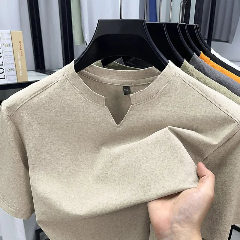Noxwear - Korean Men's Casual and Fashionable Small V-neck Solid Color Short Sleeved T-shirt Comfortable Summer Versatile Top