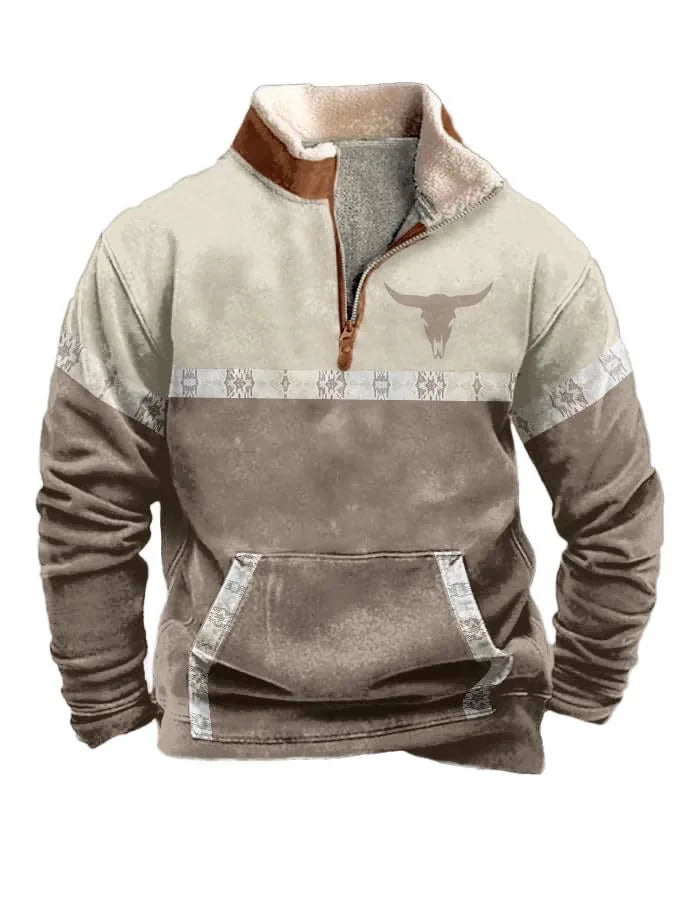 Noxwear - Men'S Vintage Western Hoodie with Aztec Cowboy Design - Beige & Gray Zip-Up Pullover with Pockets, Casual Long Sleeve Outdoor We