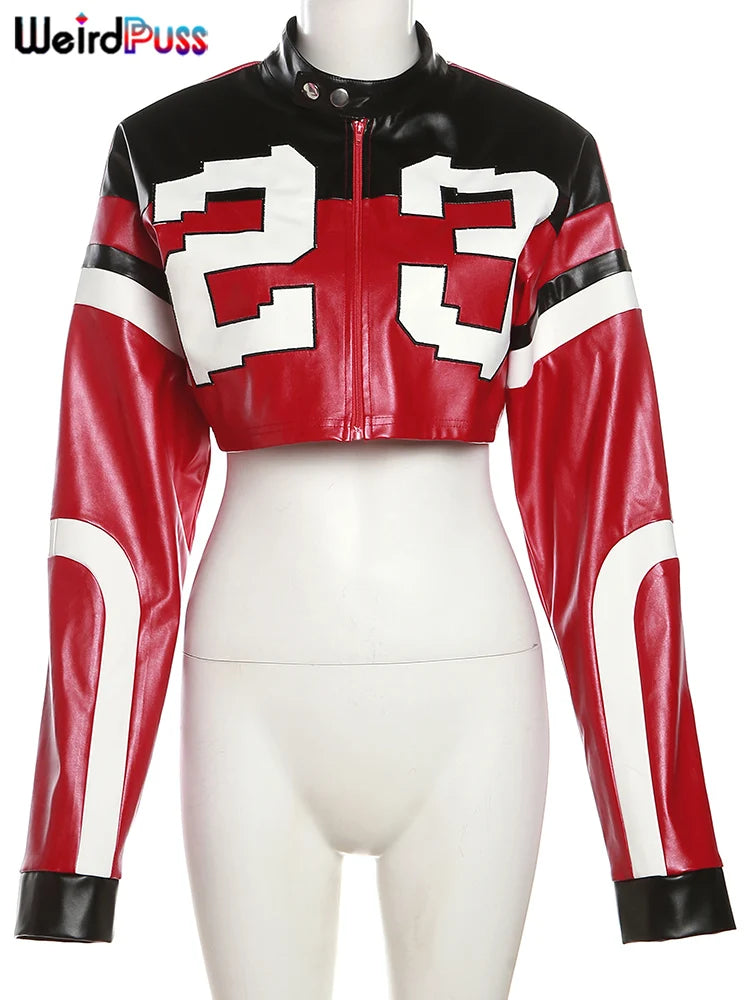 Noxwear Weird Puss Faux Leather Varsity Jacket Women Hipster Letter Print Autumn Casual Sporty Wild Streetwear Uniform Trend Crop Coat