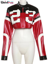 Noxwear Weird Puss Faux Leather Varsity Jacket Women Hipster Letter Print Autumn Casual Sporty Wild Streetwear Uniform Trend Crop Coat