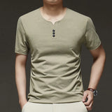Noxwear - 2025 New Men's Business Casual Three Button V-neck Short Sleeved T-shirt Korean Style Summer Comfortable Versatile Top