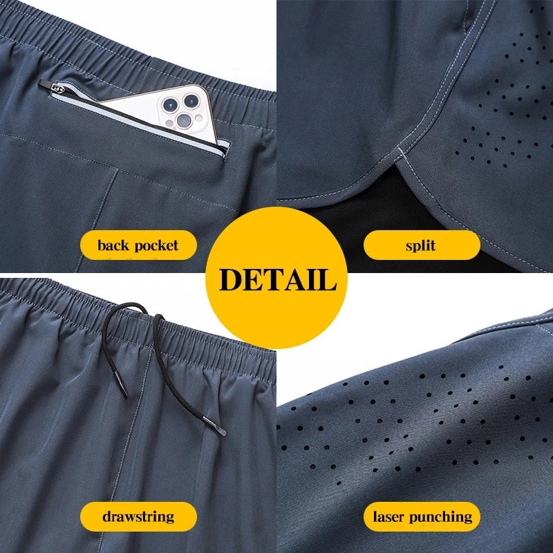 Noxwear - Men's Running Shorts Quick-drying Fitness Black Double Layer Shorts Men New Sport Workout Training Bodybuilding Short Pants