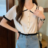 Noxwear Sweet Women Shirt Korean Knitted Turn Down Collar Chic Short Sleeve Female Blouse Summer Retro Slim All Match Ladies Crop Tops