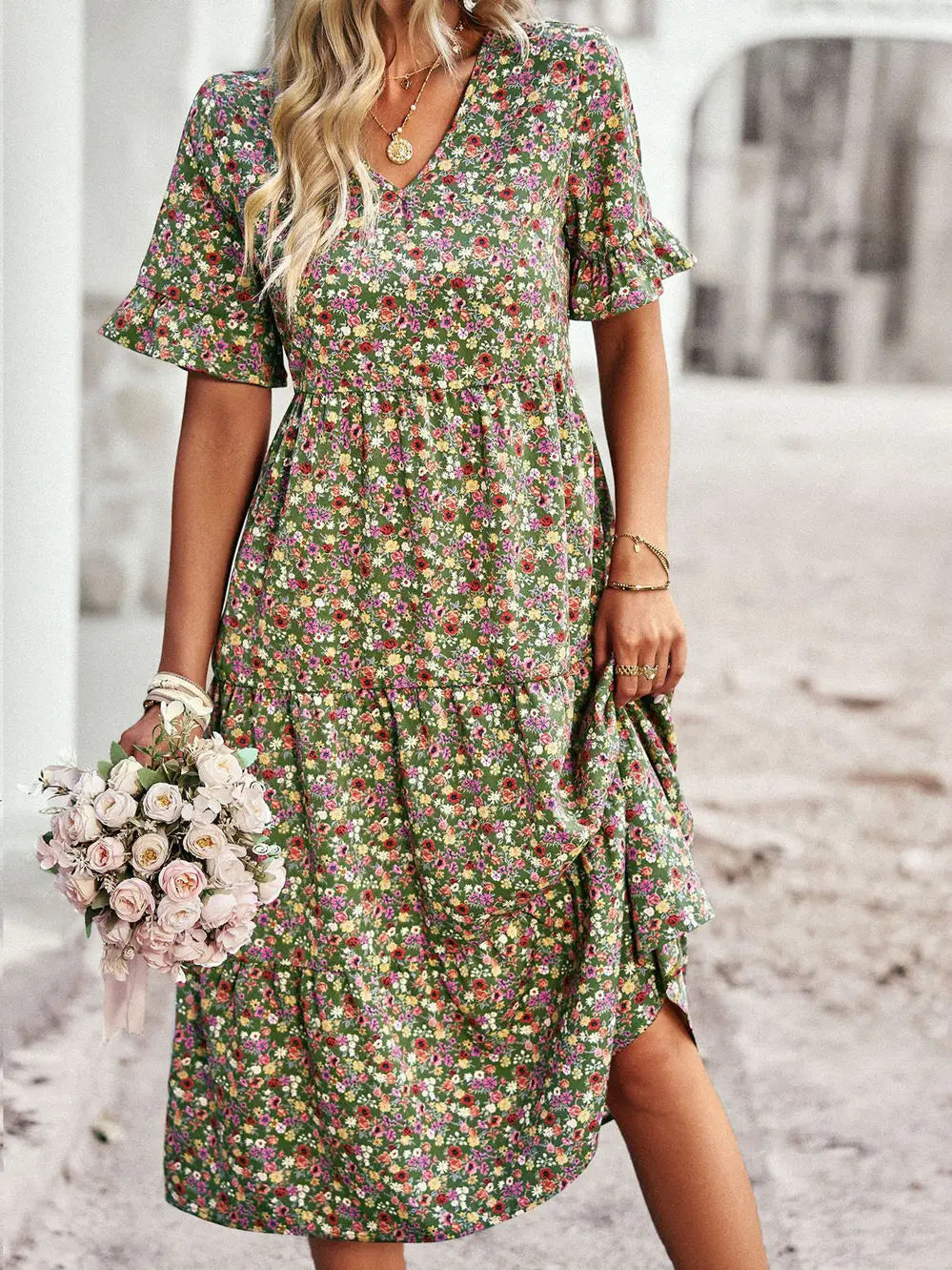Noxwear Msfilia Fashion V Neck Elegant Printed Dress Women Summer Short Sleeve High Waist A Line Floral Holiday Dresses