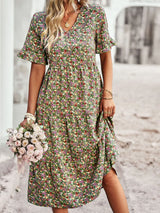 Noxwear Msfilia Fashion V Neck Elegant Printed Dress Women Summer Short Sleeve High Waist A Line Floral Holiday Dresses