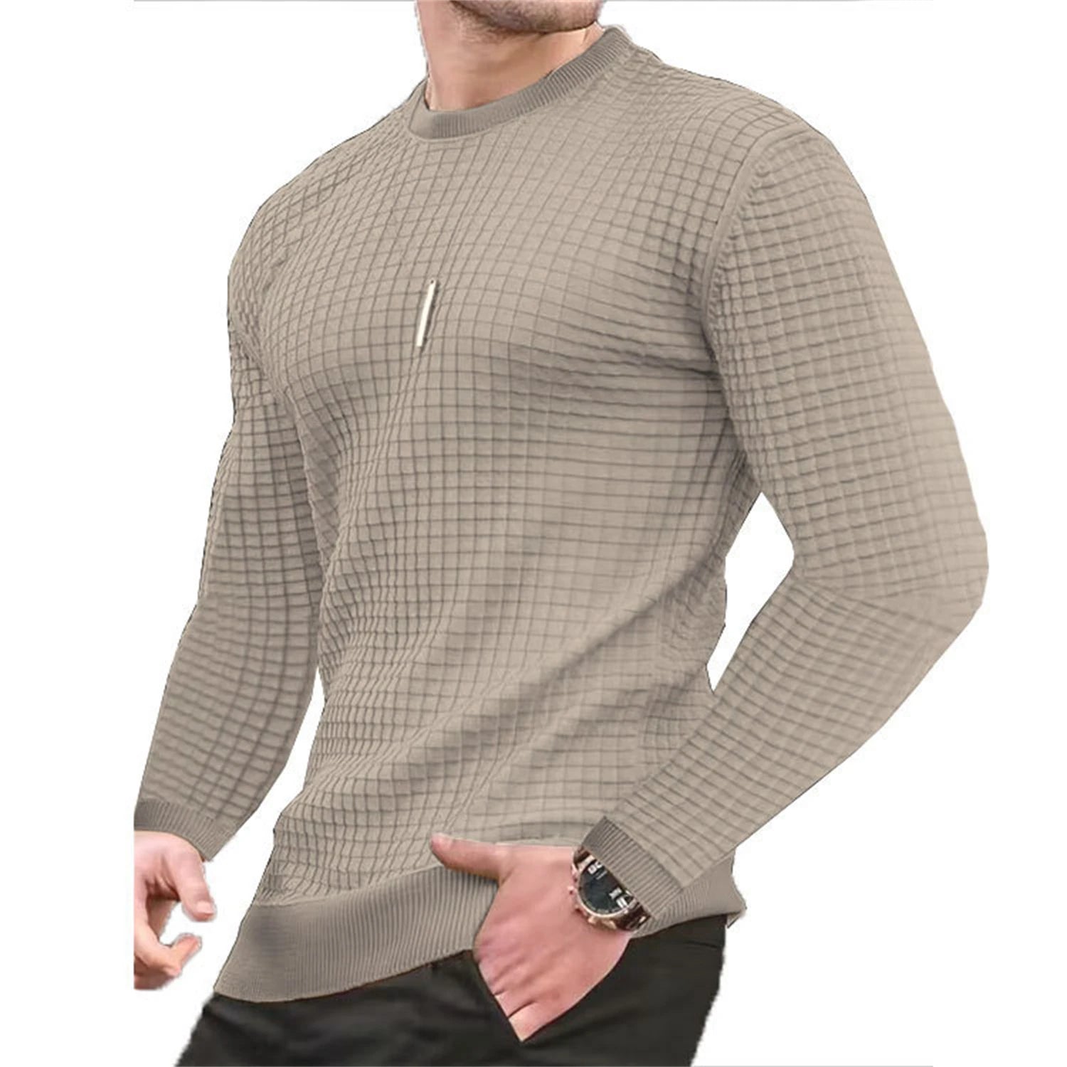 Noxwear - Men's coat fashion small check Waffle youth round neck jacquard check hoodie
