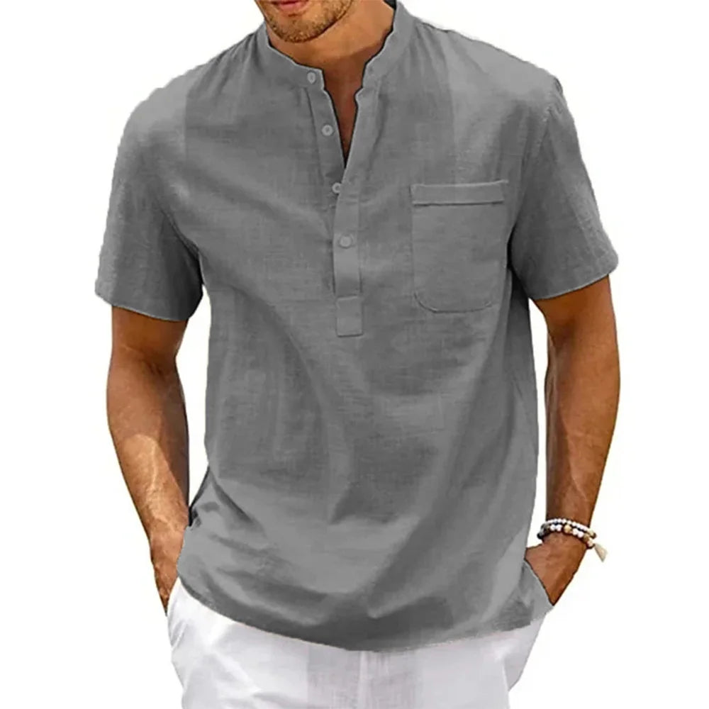 Noxwear - Cotton Linen Shirt Men Henley Neck Pocket Casual Beach Short Sleeve Solid Color Male Tops T-shirts Vintage Streetwear