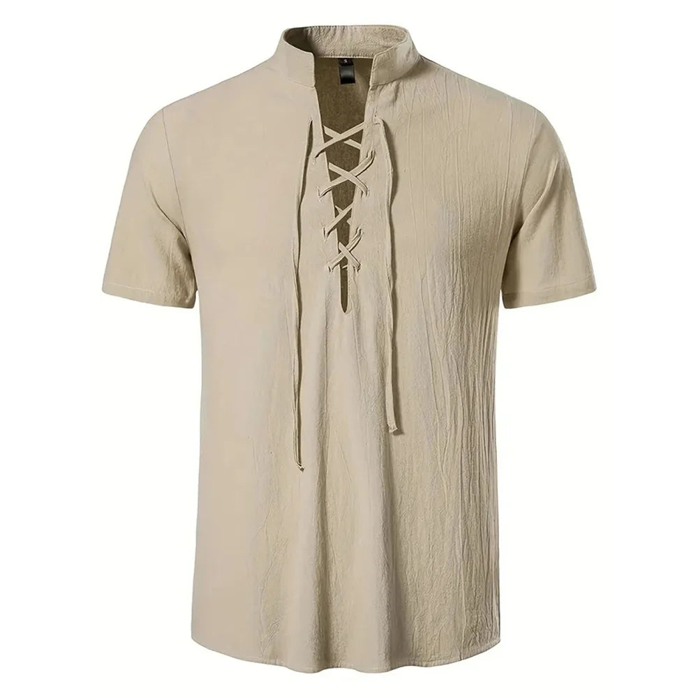 Noxwear - Men's Retro Shirt Short Sleeve Cotton Linen Lightweight Breathable Solid Color Fashion Tops Pirate V-neck Male Stylish Shirs