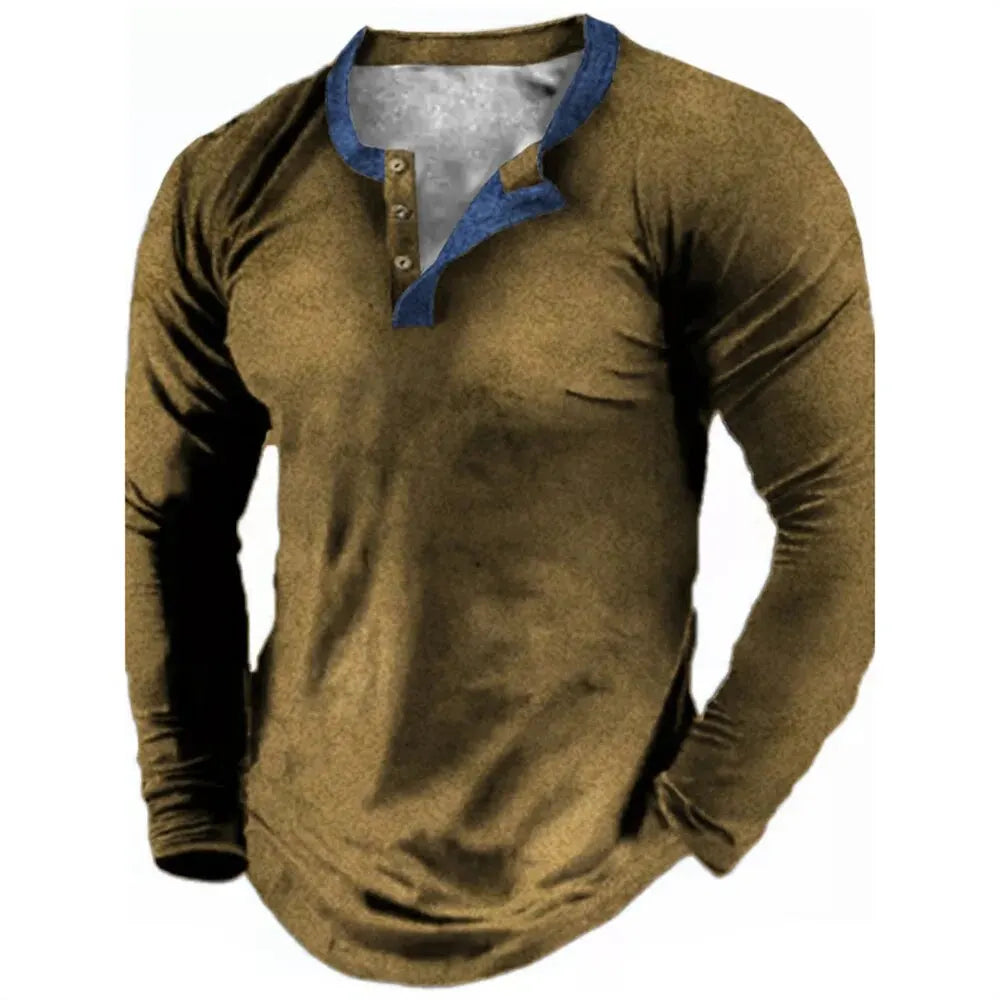 Noxwear - Spring Autumn Solid Color Henley Shirts 3D Printed Men's Fashion Vintage Button-Down Long Sleeve T Shirt Man Tees Tops Clothing