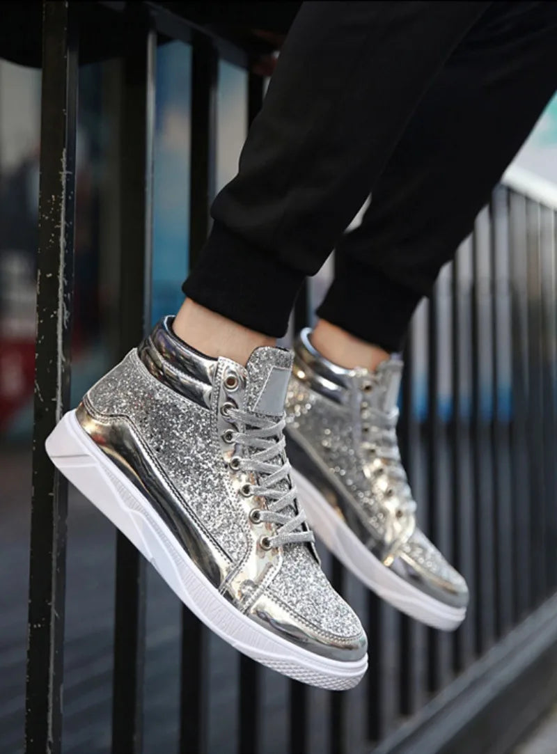 Noxwear - Men's Boots Nightclubs Fashiona Sequins With Diamonds Gold Leather Boots Trendy High Top Sports Casual Shoes Large Size 38-48