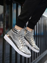 Noxwear - Men's Boots Nightclubs Fashiona Sequins With Diamonds Gold Leather Boots Trendy High Top Sports Casual Shoes Large Size 38-48
