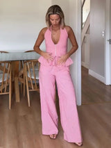 Noxwear Striped Lace Up Vest Pants Set Women Sleeveless Backless Top High Waisted Trousers Sets Female 2026 New Lady Streetwear Outfit