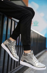 Noxwear - Men's Boots Nightclubs Fashiona Sequins With Diamonds Gold Leather Boots Trendy High Top Sports Casual Shoes Large Size 38-48