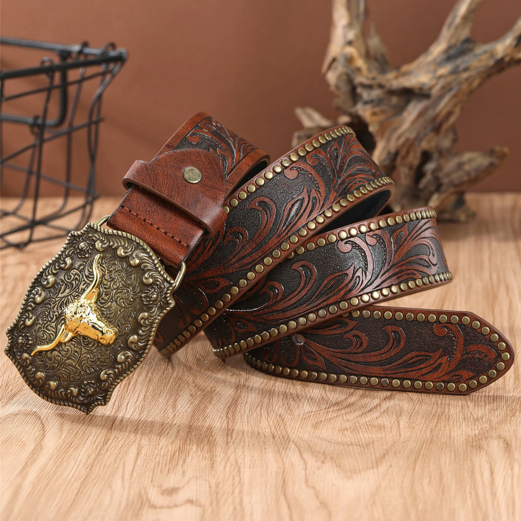 Noxwear - Western Cowboy Belt Cowhead Big Plate Buckle Trend Retro Belt Punk Style Pu Leather Belt