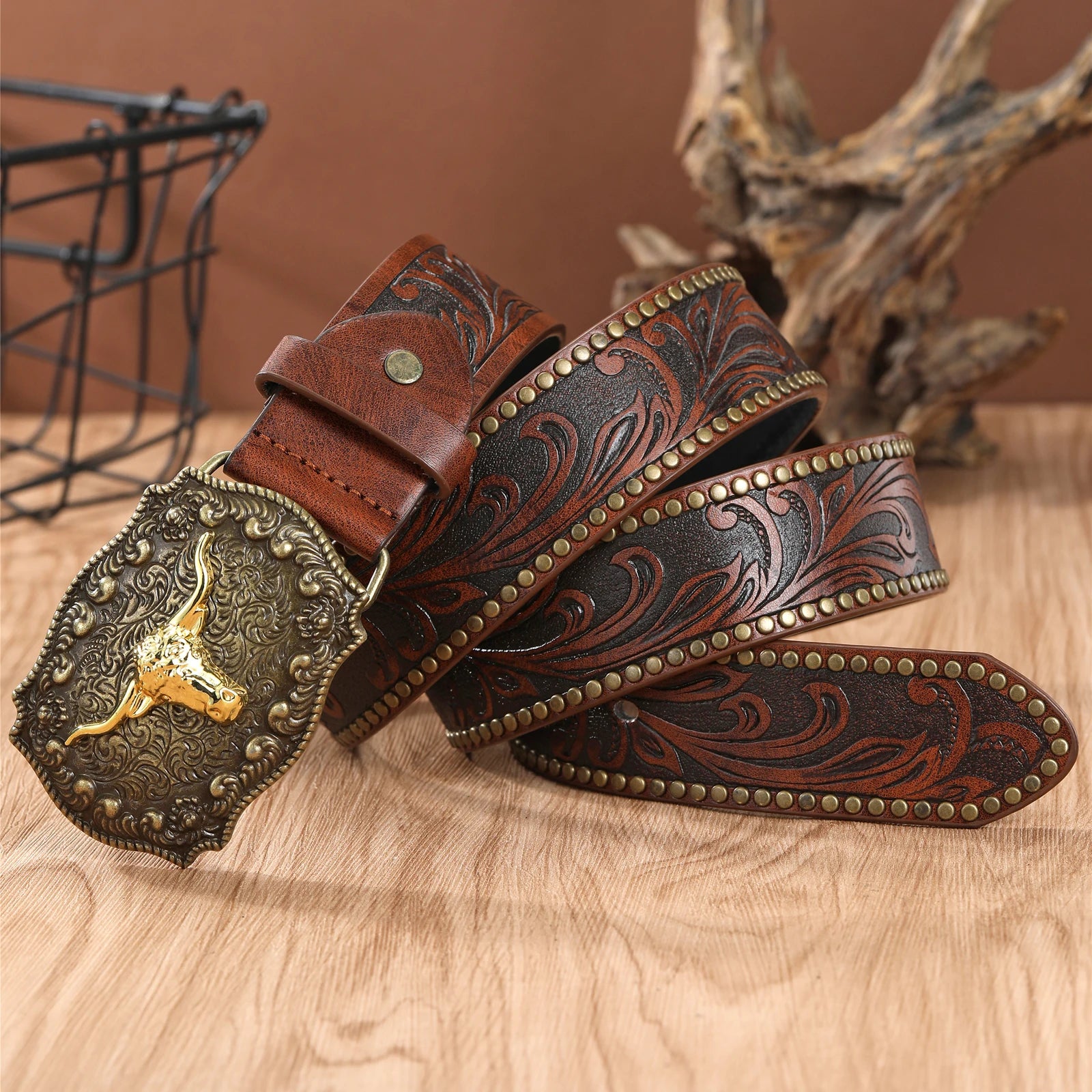 Noxwear - Western Cowboy Belt Cowhead Big Plate Buckle Trend Retro Belt Punk Style Pu Leather Belt