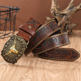 Noxwear - Western Cowboy Belt Cowhead Big Plate Buckle Trend Retro Belt Punk Style Pu Leather Belt